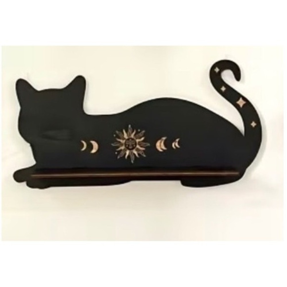 Black Cat Celestial Shelf Sun Moon Phases Wooden